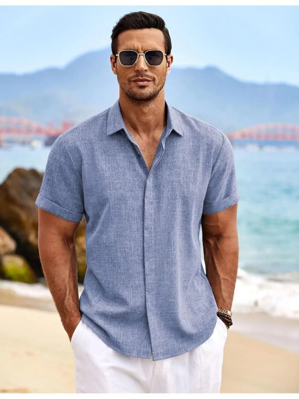 Mens Casual Button Down shirt is made of high quality cotton linen fabric. Featu